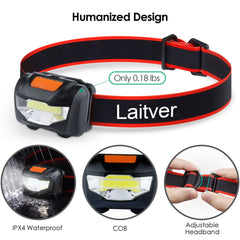 Laitver Waterproof Head Torch Rechargeable with 3 Lighting Modes